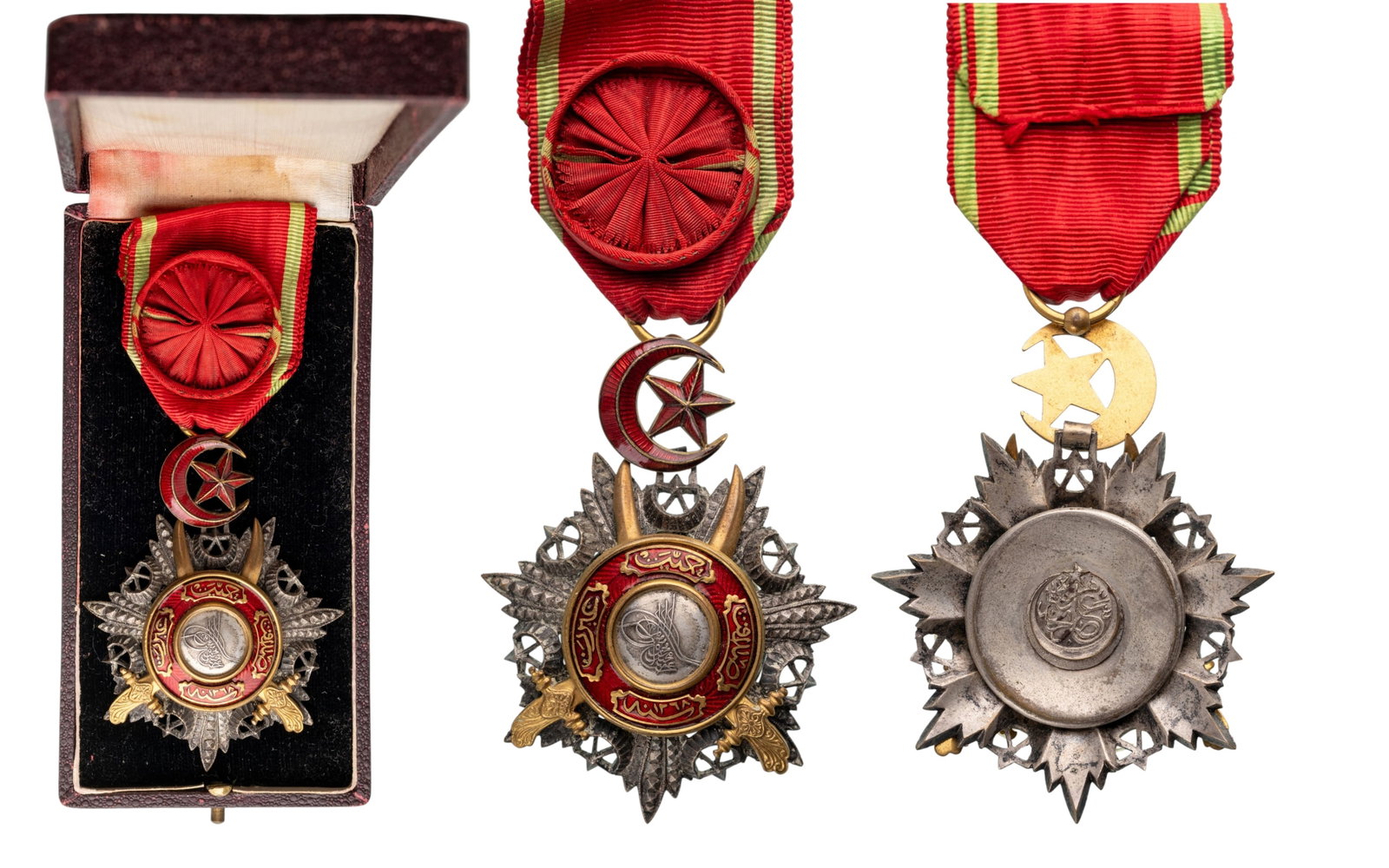 Order of Mecidi: Officer's Cross Military, 4th Class. Breast Badge, 70x54 mm., Silver, enameled, Turkish hallmarked, chiseled and pierced silver with gold centre medallion also with the Sultan`s Tughra, with red ename