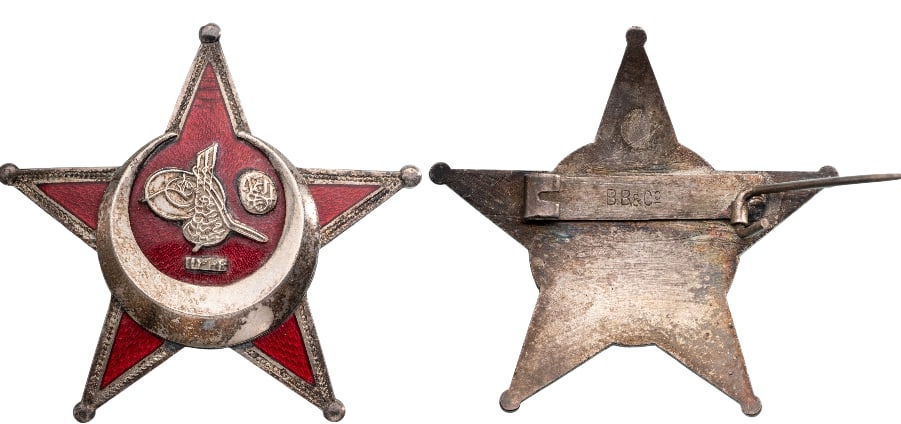 Gallipoli Star, 1915: Breast Star, 57 mm., Silver, enameled, horizontal pin on reverse, maker's mark "BB&Co.", extremely fine condition! I
