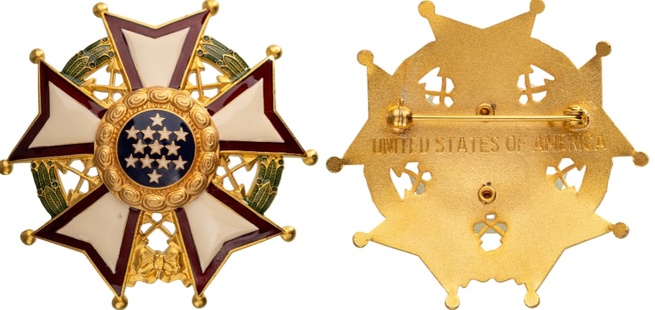 Legion of Merit, Chief Commander, instituted in 1942: Breast Star, 71 mm., gilt Bronze, one side enameled, on a wreath of green laurel joined at the bottom by a gold bow-knot (rosette), a domed five-pointed white star bordered crimson, points reversed wi
