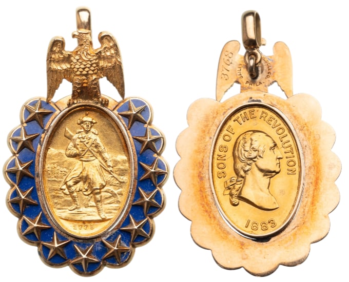 Sons of the Revolution, 1883: Breast Badge, 44x30 mm, 18.48 g., GOLD, makers mark "Bailey Banks & DDLL Co. - PHILA", numbered "3768", one-side enameled, original suspension ring. A rare and superb badge! I R!