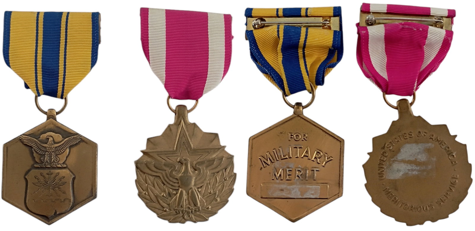 Air Force (USAF) Military Merit and Meritorious Service Medal, Lot of 2: Breast Badges, 45 and 50 mm,, Bronze, original suspension rings and ribbons. I (2)