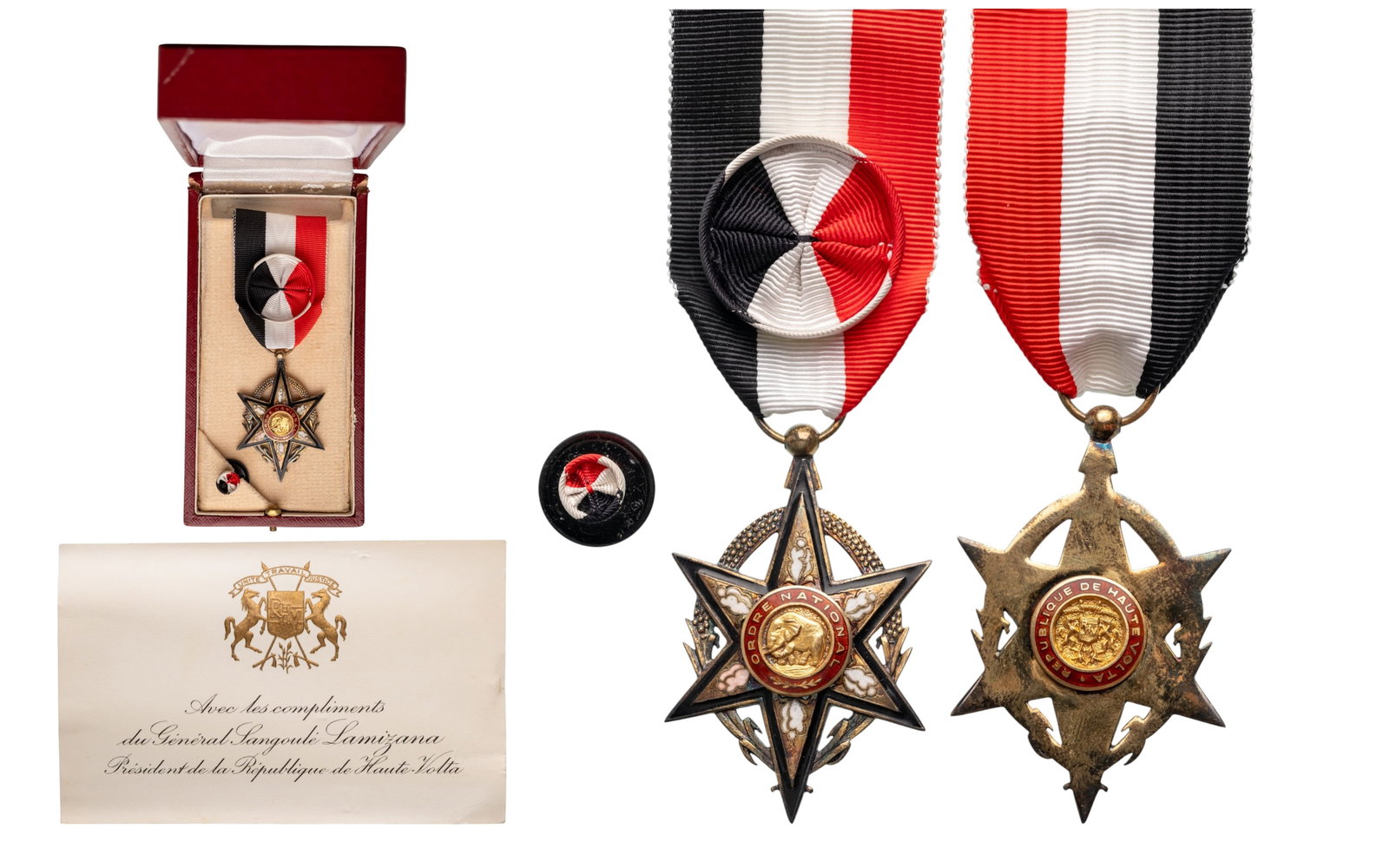 National Order: Officer's Cross, instittued in 1961. Breast Badge, 55x36 mm., gilt Silver, enameled, original suspension ring and ribbon with rosette, in case of issue by "Arthus Bertrand, Paris", together with lapel