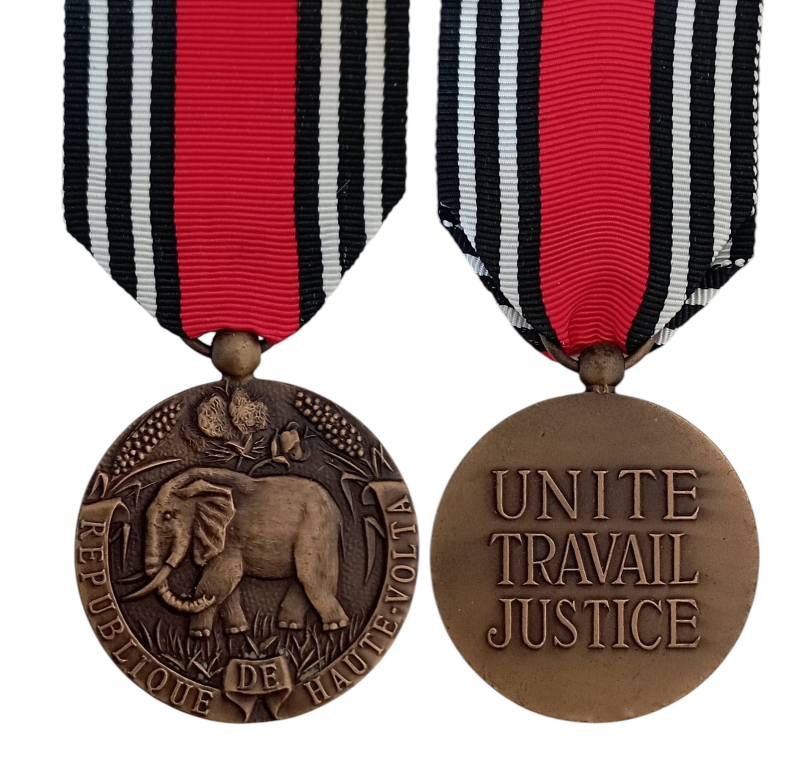 Order Of Merit Of Upper Volta: 2nd Class, instittued in 1959. Breast Badge, 42x36 mm., Bronze, original suspension ring and ribbon. Mint state!I