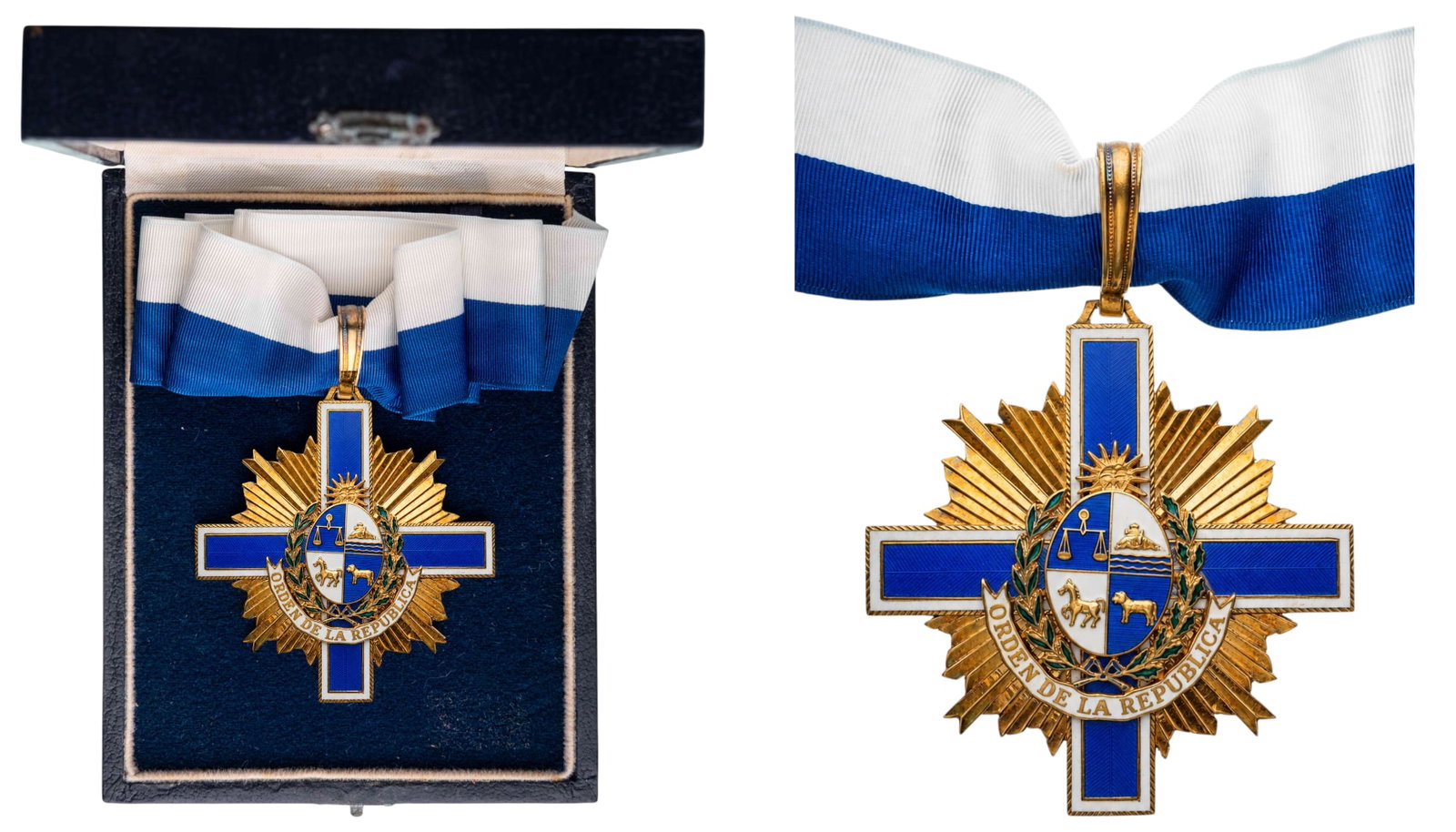 Order Of The Eastern Republic: Commander's Cross, 3rd Class, instituted in 1984. Neck Badge, 68x65 mm, gilt Silver, with blue and white enameled arms, suspension loop and original neck ribbon, in case of issue by "Cejalvo,