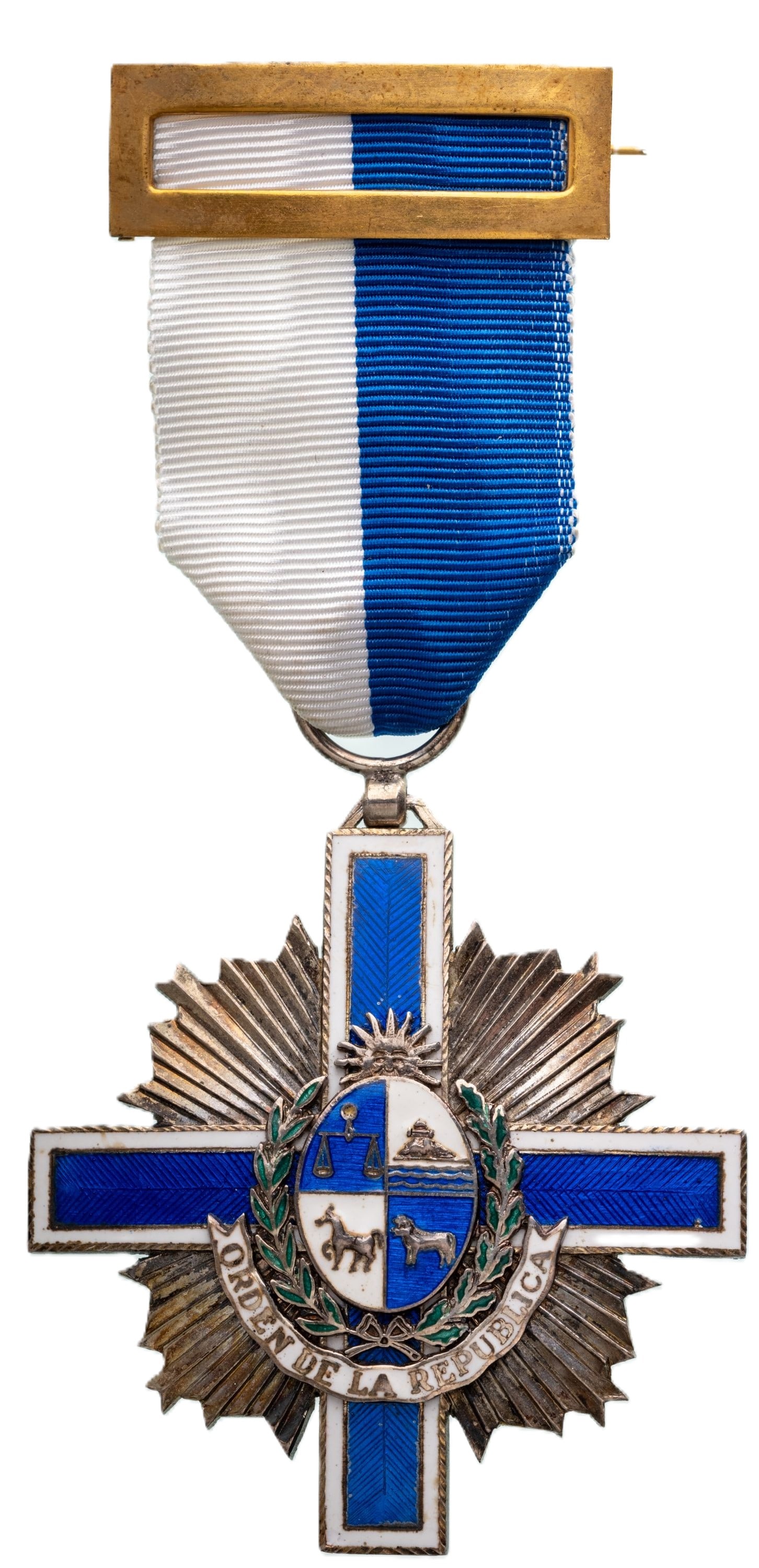 Order Of The Eastern Republic: Knight's Cross, 5th Class, instituted in 1984. Breast Badge, 56x51 mm, gilt Silver, with blue and white enameled arms, suspension ring and original ribbon. An elegant and rare order, in mint