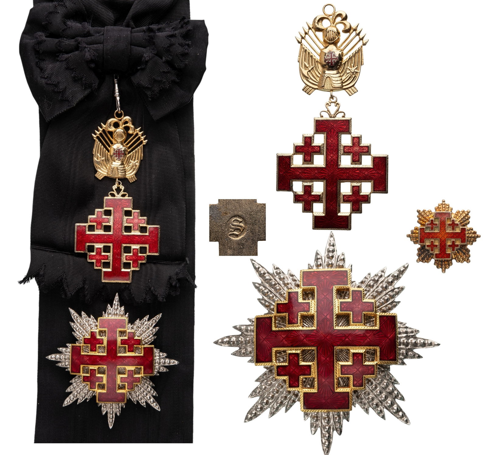 ORDER OF THE HOLY SEPULCHRE: Grand Cross Set, instituted after 1099. Sash Badge, 112x55 mm, gilt Bronze, maker's mark "S', one-side enameled, original suspension trophee, ring and sash. Breast Star, 85 mm, gilt and silvered Bronz