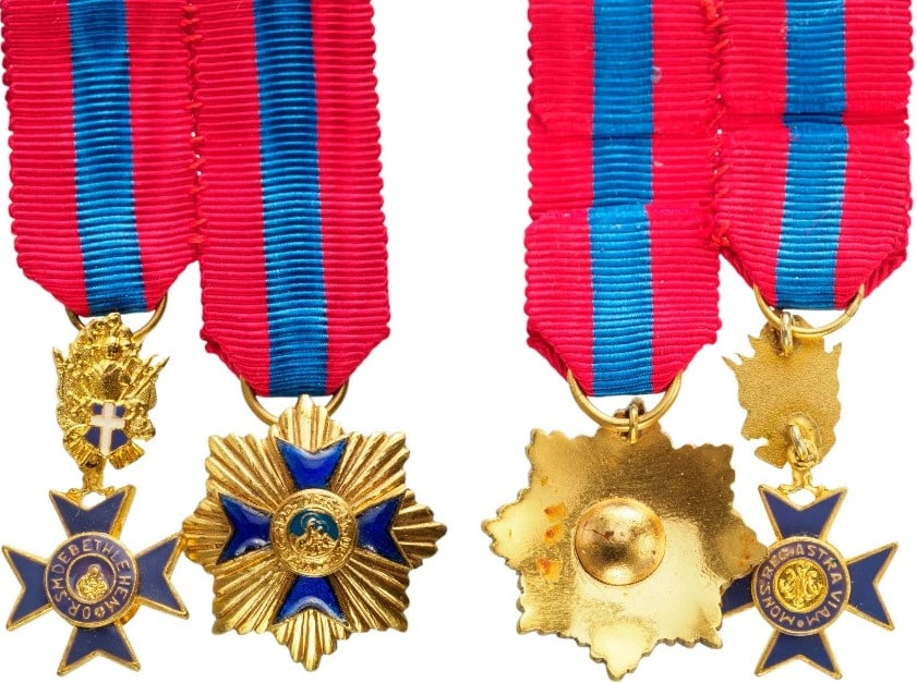 Order of Our Lady of Bethlehem, instituted in 1459: Grand Cross Set Miniatures. Breast Badge, 26x14 mm, gilt Bronze, both sides enameled, original suspension trophee, ring and ribbon. Breast Star, 22 mm, gilt Bronze, superimposed part enameled, origina