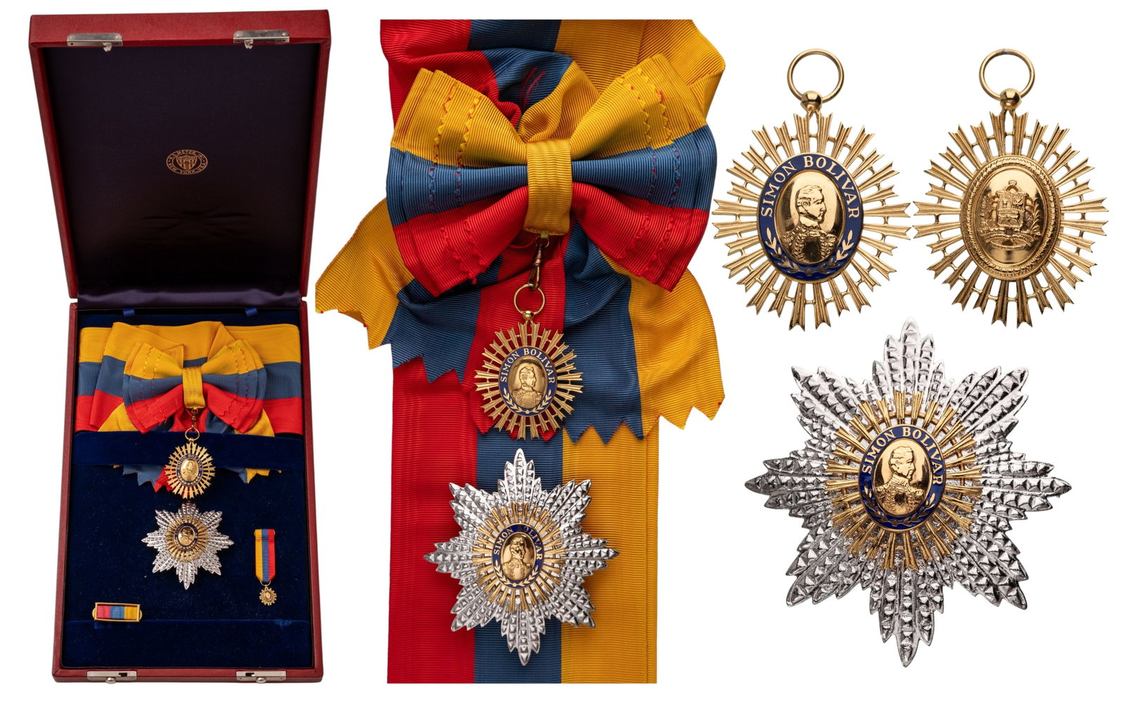 Order of the Libertador, instituted in 1880: Grand Cross Set, instituted in 1880. Sash Badge, 53x42 mm., gilt Bronze, one side enameled, original suspension ring and complete sash. Breast Star, 83x76 mm, gilt and silvered Metal, by "N.S Meyer,