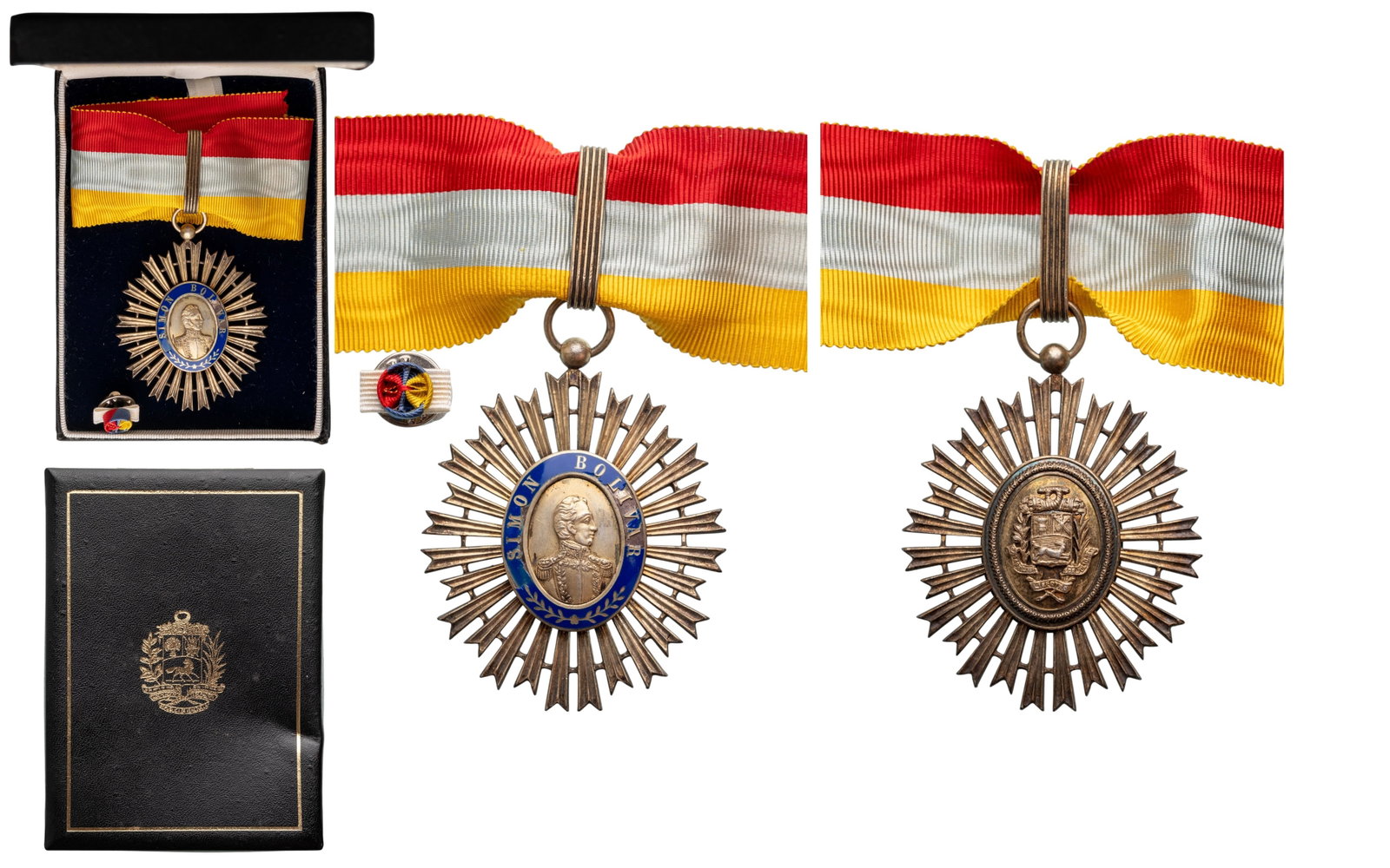 Order of the Libertador, instituted in 1880: Commander's Cross, 3rd Class. Neck Badge, 58x47 mm., gilt Silver, original suspension ring, loop and ribbon, in case of issue by "N.S Meyer, New York" with gilt weapon on the lid, together with lapel 