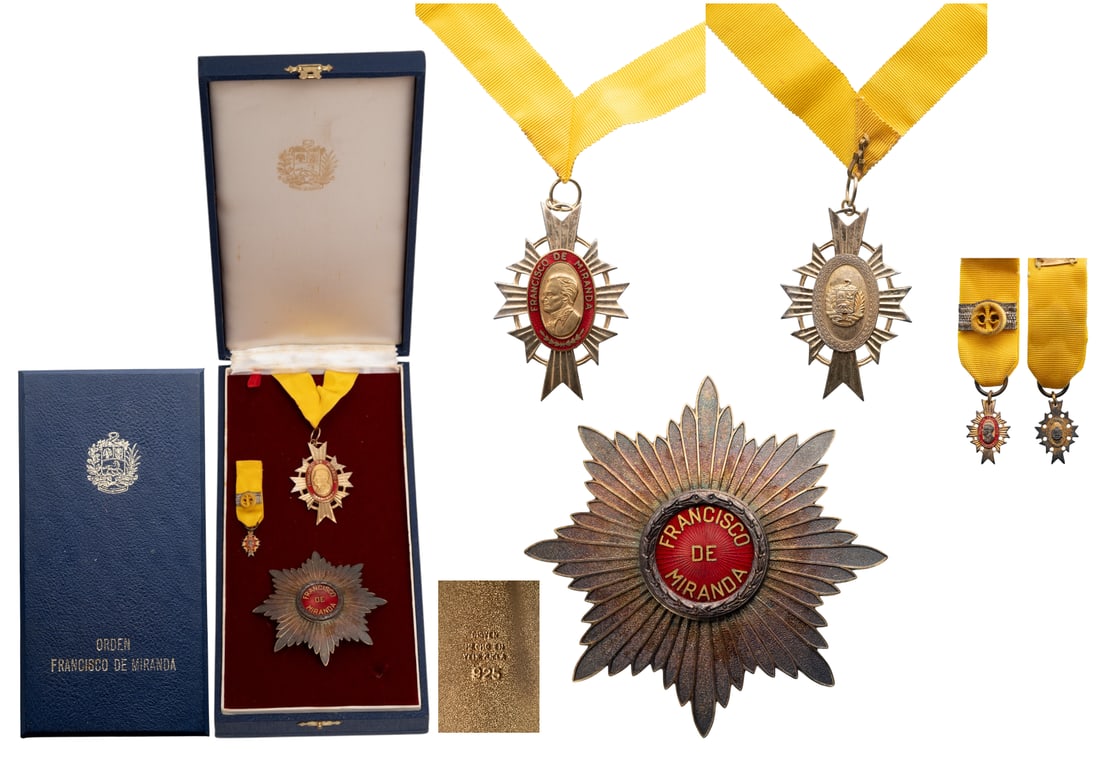 Order of Francisco de Miranda: Grand Officer's Set, instituted in 1943. Neck Badge, 58x39 mm, gilt Silver, enameled, original suspension rings and ribbon. Breast Star, 80 mm, Silver, hallmarked "925", maker's mark, central medalion