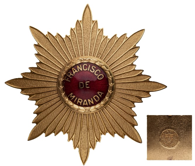 Order of Francisco de Miranda: Grand Officer's Star, instituted in 1943. Breast Star, 79 mm, gilt Bronze, maker's mark "N.S Meyer, New York", central medalion enameled, thin pin on reverse. A star in mint condition!