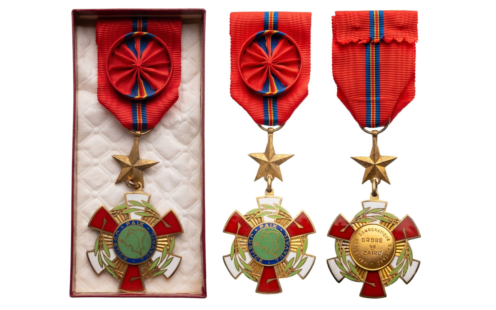 National Order of Zaire: Officer's Cross, 4th Class. instituted in 1968. Breast Badge, 73x41 mm., gilt Bronze, enameled, original suspension star, ring and ribbon with rosette, in case of issue by "P. de Greef, Bruxelles". Mi