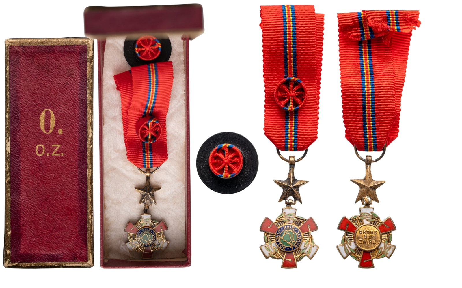 National Order of Zaire: Officer's Cross Miniature, 4th Class. instituted in 1968. Breast Badge, 29x15 mm., gilt Bronze, enameled, original suspension star, ring and ribbon with rosette, in case of issue by "P. de Greef, Brux
