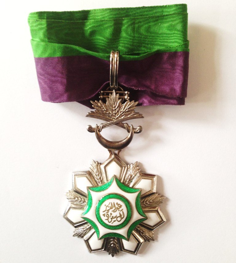 ORDER OF KING ABDUL AZIZ: Country: SAUDI ARABIA Commander's Cross. Neck Badge, 50x50 mm, enameled, original ribbon. ID 271