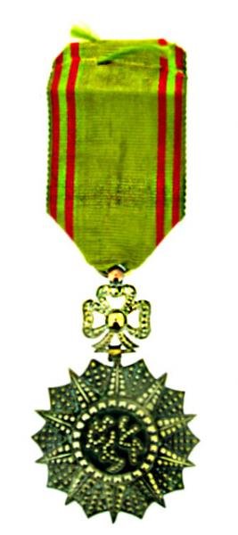 ORDER OF NICHAN IFTIKHAR: Country: TUNISIA Knight's Badge, 2nd Class, Mohamed el Hadi Bey (1902-1906). Breast Badge, silvered, brilliant cut, centre green enamelled, original suspension ring and ribbon. ID 695