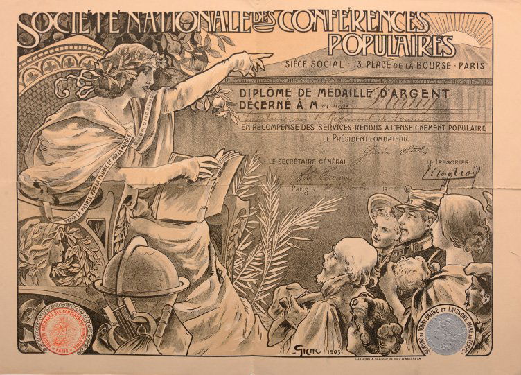 Diploma for a Silver Medal of Honor of a Scientifi c: Country: FRANCE Diploma for a Silver Medal of Honor of a Scientifi c Society awarded to a French Offi cer, instituted in 1852. 32x46 cm, dated 1906, folded. Highly decorative Art Nouveau Diploma! I