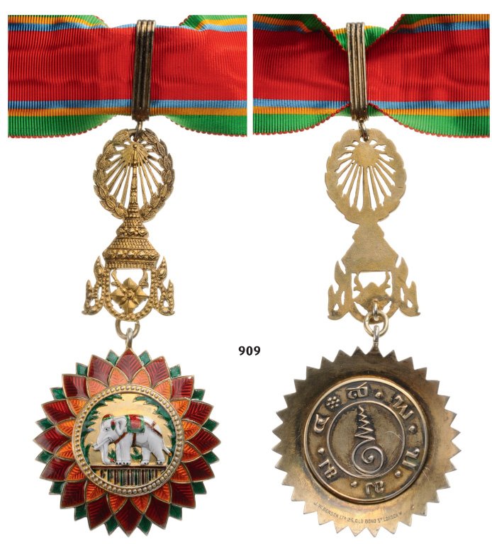 ORDER OF THE WHITE ELEPHANT Commander's Cross, 1st: Country: THAILAND Neck Badge, silver gilt, 46 mm, enameled, central medallion silver gilt, enameled, Thai Crown suspension device and loop, reverse with Thai inscriptions and maker's mark "J.W.BENSON,