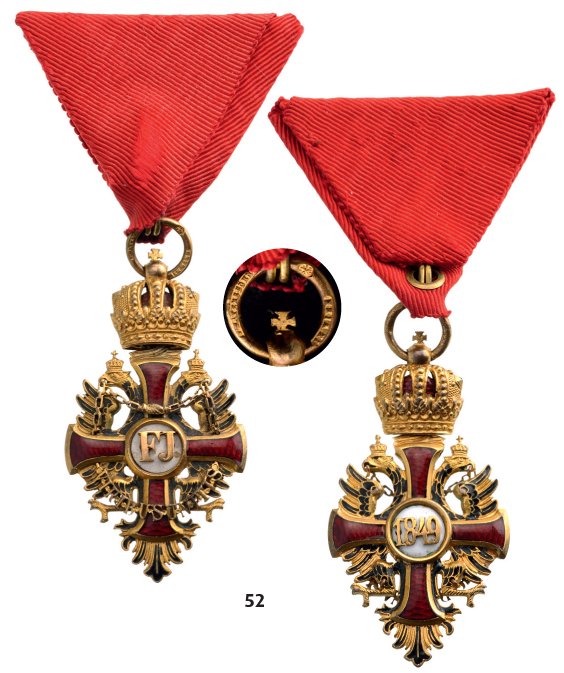 ORDER OF FRANZ JOSEPH, 1849: Country: AUSTRIA ORDER OF FRANZ JOSEPH, 1849 Knight's Cross. Breast Badge, 31x53 mm, bronze gilt, maker's mark "Mayer's Sohne in Wien", original triangular ribbon. I