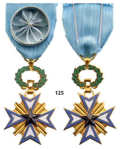 ORDER OF THE BLACK STAR OF BENIN: Country: BENIN ORDER OF THE BLACK STAR OF BENIN Officer`s Cross. Breast Badge, 53x29 mm, gilt, both sides enameled, with original suspension wreath, ring and ribbon with rosette. Perfect condition! I