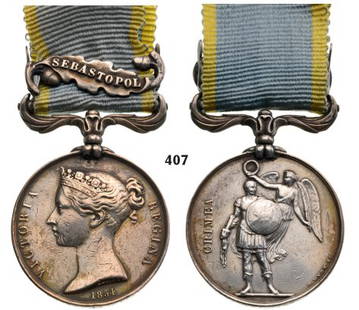 CRIMEEA MEDAL, 1854-1855.: Country: GREAT BRITAIN CRIMEEA MEDAL, 1854-1855. Breast Badge, 35 mm, silver, Queen Victoria profi le, suspension clasp "SEBASTOPOL" on ribbon. Named to "SIMON FROST. 19TH FOOT". I