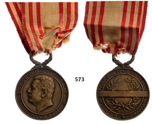 Medal of Labour, 3rd Class, Louis II: Country: MONACO Medal of Labour, 3rd Class, Louis II. Breast Badge, 30 mm, bronze, enameled, original suspension ring and ribbon. I