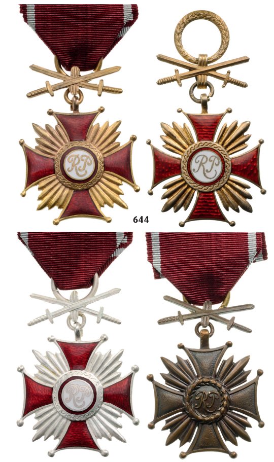 Cross of Merit with Swords, 1st Type: Country: POLAND Cross of Merit with Swords, 1st Type: Gold (2), Silver, Bronze, instituted in 1942. Breast Badges, 42 mm, different materials, three enameled, one with maker's mark "Spink, London" on