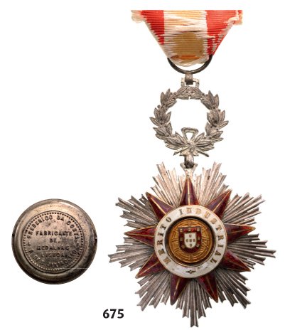 ORDER OF INDUSTRIAL MERIT: Country: PORTUGAL ORDER OF INDUSTRIAL MERIT Knight's Cross. Breast Badge, 71x47 mm, silvered, marker's mark "Frederico Da Costa, Fabricante De Medalhas, Lisboa", one side enameled, original laurel cro