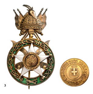 ORDER OF SKANDERBERG (1925): Country: ALBANIA Officer's Cross, 1st Type (1925-1940). Breast Badge, 82x46 mm, silver gilt, hallmarked "99", enameled, superimposed parts silver gilt, enameled, reverse with long vertical tapered