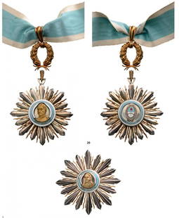 ORDER OF SAN MARTIN: Country: ARGENTINA Grand Officer's Set. Neck Badge, 99x63 mm, silver partially gilt, enameled, superimposed parts silver gilt, enameled, original suspension loop (detached) and ribbon. Breast Star,