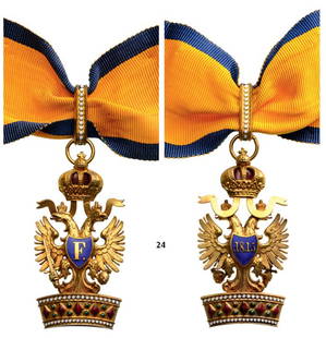 ORDER OF THE IRON CROWN: Country: AUSTRIA 2nd Class, 3rd Model, instituted in 1816. Neck Badge, bronze gilt, 65x32 mm, partially enameled, both central medallions gilt, enameled, with enameled Imperial Crown suspension