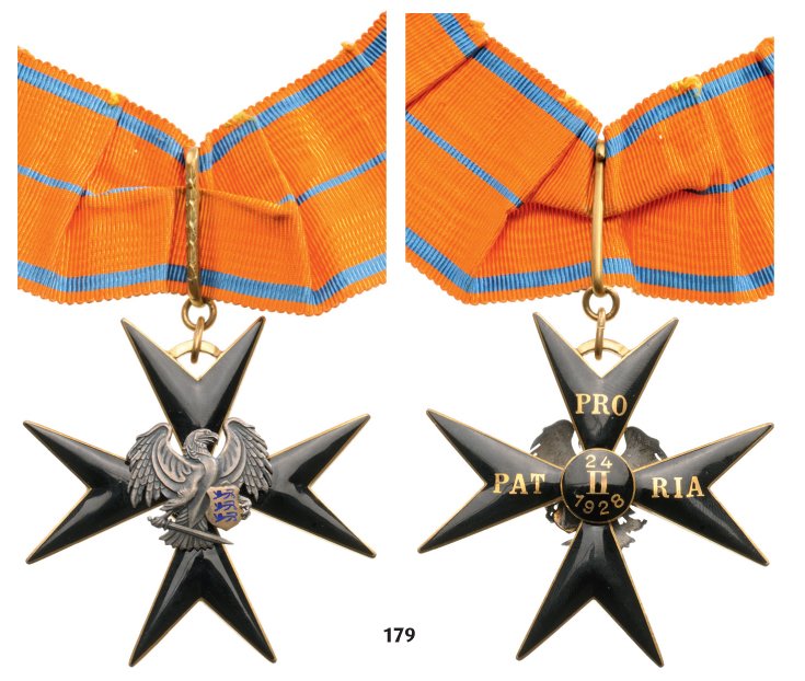 ORDER OF THE CROSS OF THE EAGLE: Country: ESTONIA Commander's Cross, 3rd Class, instituted in 1928. Neck Badge, 54 mm, gilt bronze, both sides enameled, central medallion silver gilt, enameled, original suspension loop and original r