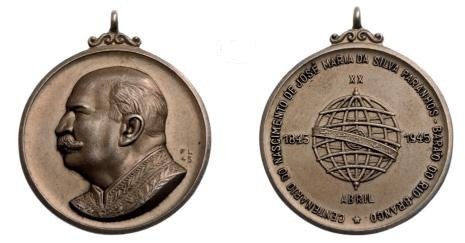 Medal "Jose Maria da Silva Paranhos", for the: Country: BRAZIL Medal "Jose Maria da Silva Paranhos", for the Centennial of birth 1845-1945. Breast Badge, silvered bronze, 32 mm, original suspension ring. Extremely fine ! - LOT: 1837