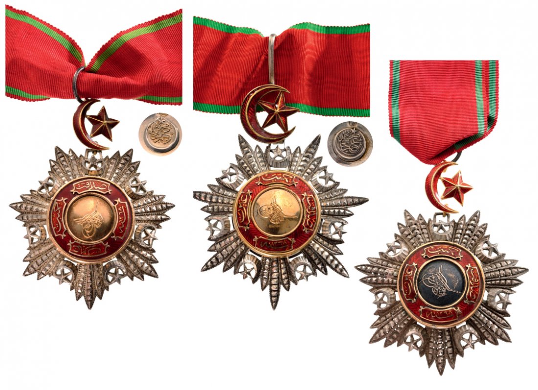 ORDER OF THE MEJIDIE: Country: TURKEY Commander’s Cross, 3rd Class, instituted in 1852. Lot of 3 Neck Badges, silver with brilliant cut rays, maker’s mark by the Turkish Mint, central medallions GOLD, enameled, origina