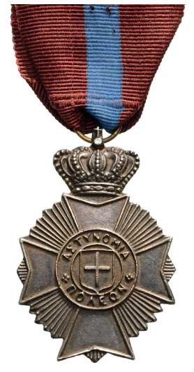 MEDAL OF POLICE MERIT 1946: Â 2nd Class, instituted in 1946. Breast Badge, 55x37 mm, silvered, original suspension ring and ribbon. I - LOT: 4657 Country: GREECE