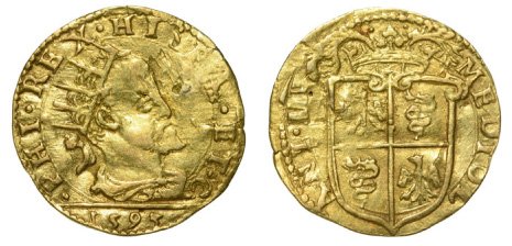 Philip II of Spain (1556-1598). Doppia 1594. Gold (6.6: ITALY Philip II of Spain (1556-1598). Doppia 1594. Gold (6.6 g). Bust right / Crowned shield. Toffanin 301/12 (RRR), Fr. 716. VF RR!