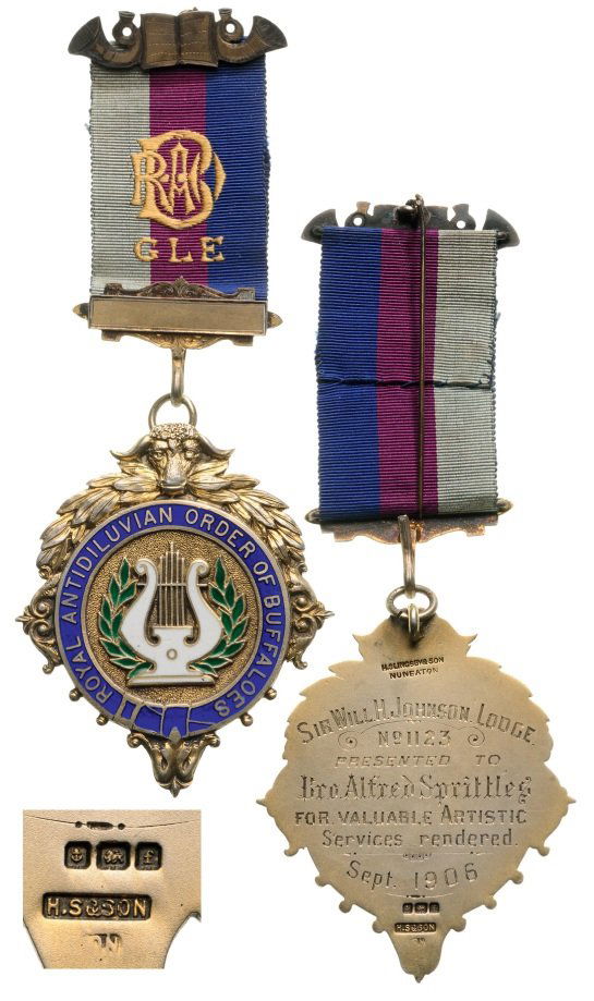 MASONIC DECORATION, ROYAL ANTIDILUVIAN ORDER OF: Masonic Decoration, Royal Antidiluvian Order of Buffaloes. Breast Badge, 63x53 mm, silver gilt, British hallmark and maker's mark "H.S.&Son", obverse enameled, original suspension device and ribbon wi