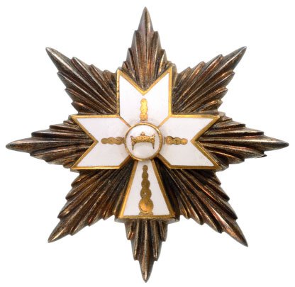 ORDER OF KING ZVONIMIR'S CROWN: Grand Cross Star, 1st Class, instituted in 1941. Breast Star, 68 mm, Silver with smooth rays, Croatian hallmark and maker's mark BK" for "Braca Knaus", superimposed parts gilt, enameled, reverse with