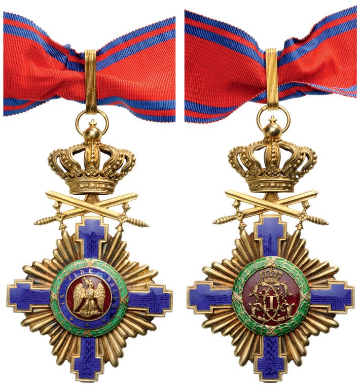 ORDER OF THE STAR, 1864: Commander's Cross, 3rd Class, 1st Model for Military in Time of Peace (swords under the crown). Neck Badge, 103x64 mm, gilt Silver, French hallmarked, maker's mark Resch", both sides dark blue enamele