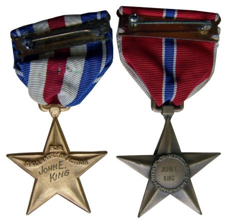 World War II Silver Star and Bronze Star Medal: Silver Star with 1 Oak Leaf Cluster, slot brooch, officially hand engraved on slant JOHN E./ KING. Bronze Star Medal, slot brooch machine engraved JOHN E./KING. Second Lieutenant John E. King, Infantr