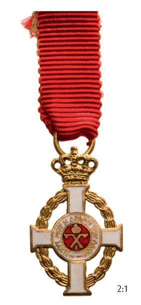 ORDER OF GEORGE I: KnightÕs Gold Cross, 4th Class, Miniature. Breast Badge, 28x20 mm, gilt, partially enameled, reverse makerÕs mark "MWM", original ribbon. I Country: GREECE