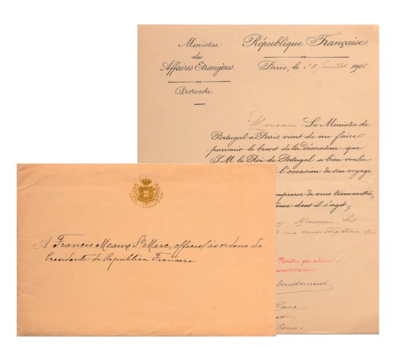 ORDER OF THE IMMACULATE CONCEPTION OF VILA VICOSA: Country: PORTUGAL Diploma for a CommanderÕs Cross of the Order awarded to a French Citizen, 3rd Class, instituted in 1818. 38,5x23,5 cm, together with original expedition envelope and accompaniment l