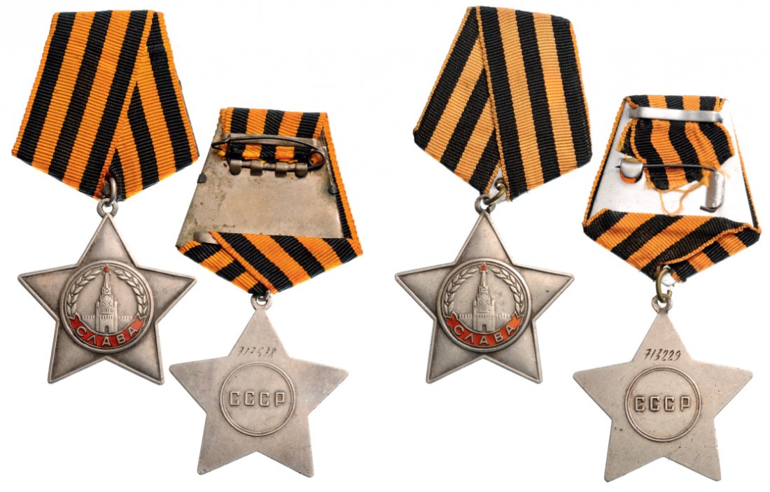 ORDER OF GLORY: Country: RUSSIA 3rd Class, instituted in 1943. Breast Badges, 45 mm, silver, enameled, original suspension rings and ribbons, numbered "713229" and "717578". (2) I