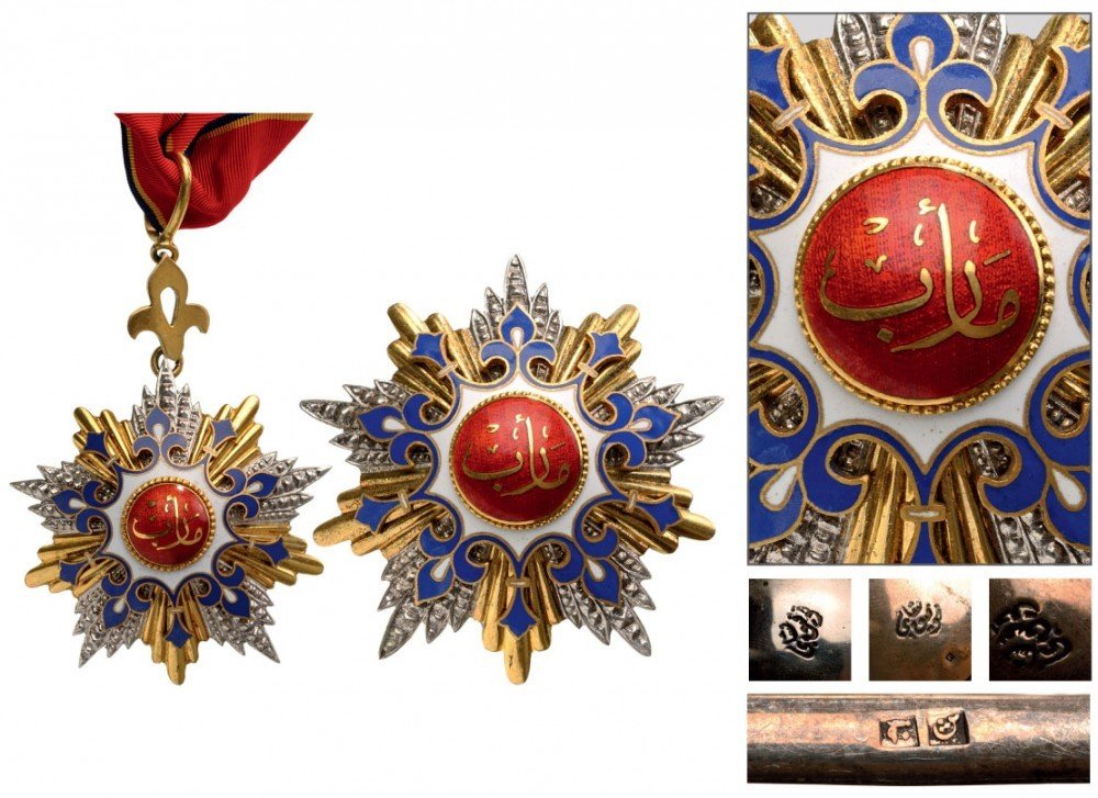 ORDER OF MARIB: Country: YEMEN Grand Officer's Set, 2nd Class. Neck Badge, 60 mm, Silver partially gilt with alternated brilliant cut and smooth rays, hallmarked and Arabic maker's mark, super imposed parts gilt silv