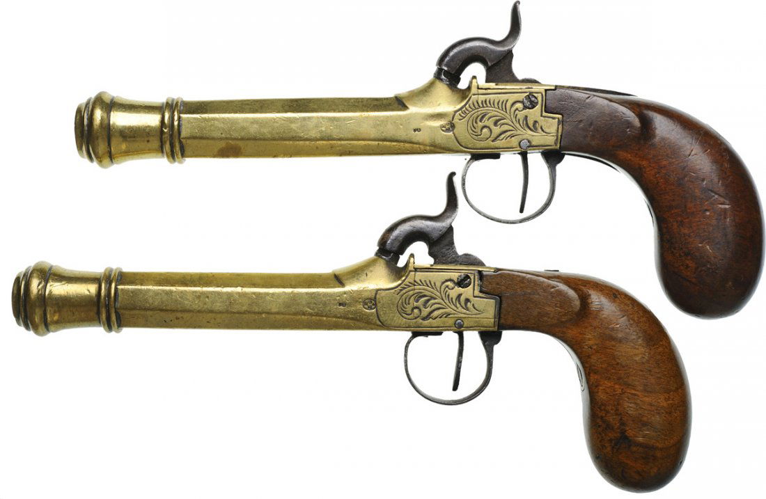 2 Brass Cannon Barrel Pocket Percussion Pistols cca. (1 of 2)