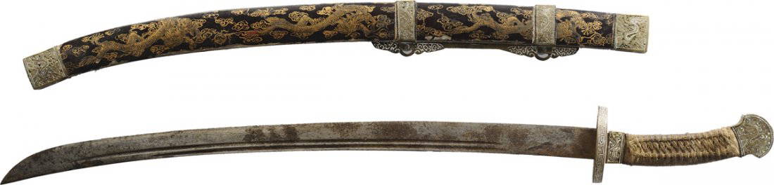 Sword Boxer rebellion end of 19th Century: Steel blade bronze guard and pommel with ornaments handle wrapped with lace scabbard: wood black painted and decorated with specific motifs in gold. The scabbard has two bronze rings for grip. Good