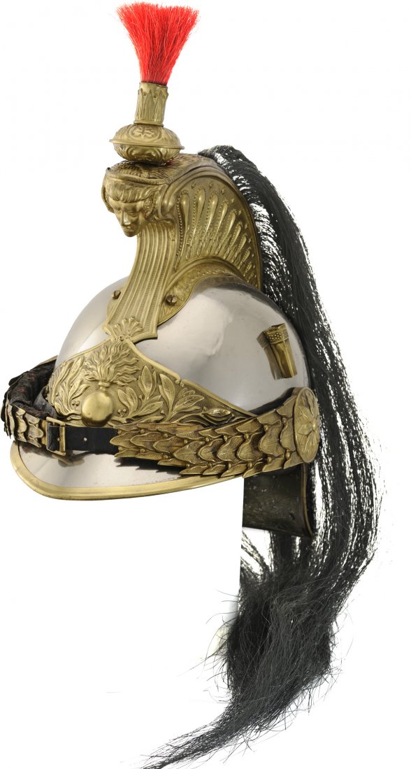 Kuirassier Officer helmet md. 1874: Polished aluminium metal body with cooper headband with brass headband brass laurel leaves jugular a brass crest with ornaments and plume black horsehair tail and leather linner. All parts are origina