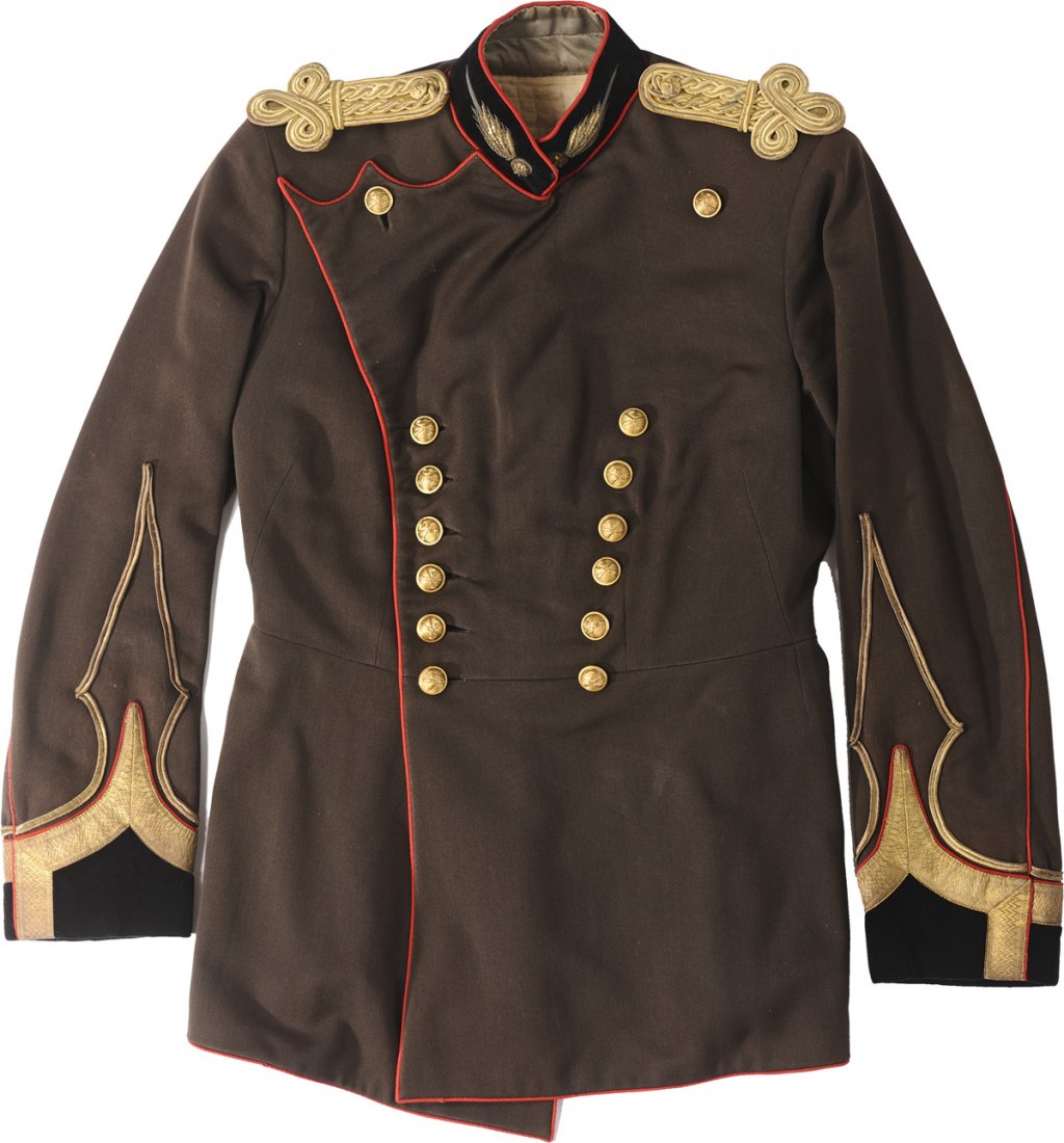 Major Artillery tunic md. 1930: Brown wool tunic with black velvet cuffs and collar. The collar is embroidered with golden thread two grenades stripes on the sleeves are applied gold lace golden buttons with two pipe cannon and gren