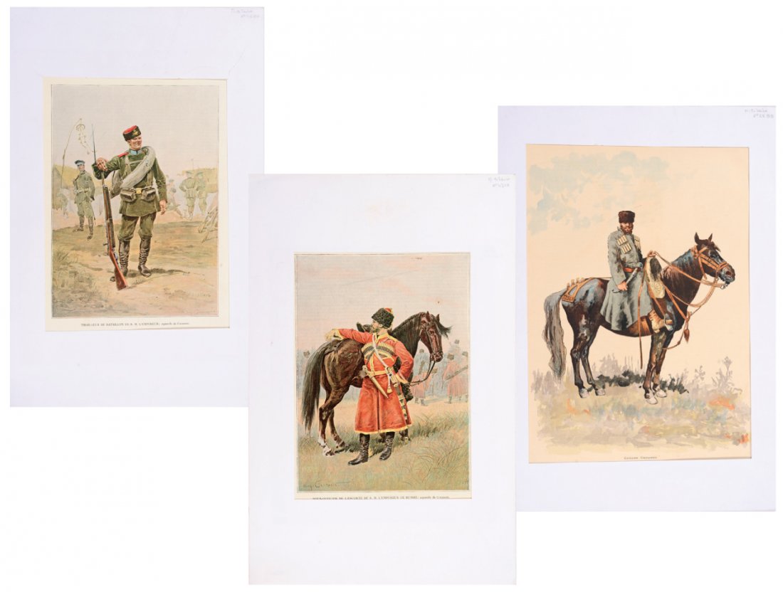 Lot including 3 lithographic colour engravings about: The circassian rider the NCO of the escort of the emperor the infantryman of the battalion of the emperor original press illustrations according to the watercolors of Eug?ne Courboin. Very good condit