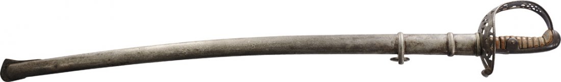 Cavalry Sword with scabbard 19th Century: Steel blade with the rust on the blade is engraved manufacture name: "WESTER & Co. steel guard engraved and fretted and wooden handle partially covered with leather and missing filigree wire scabbard 