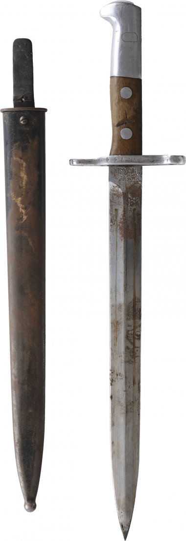 WWI Model 1918 Dagger Bayonet Waffenfabrik Neuhausen: For Swiss Schmidt Rubin K11 or K31 rifle steel blade with length 30 cm nickel plated guard with serial number wood grip steel scabbard. German workshop stamped" WAFFEN FABRIK NEUHAUSEN". Good conditio